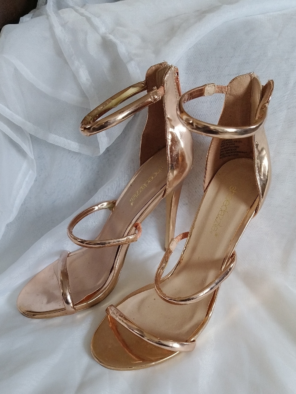 Shoe Dazzle Rose Gold Metallic Triple-Strap Stiletto Heels
